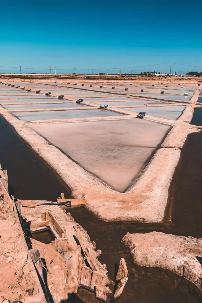 Salines de Tavira sous ciel bleu, bassins géométriques, ambiance sereine et ensoleillée.