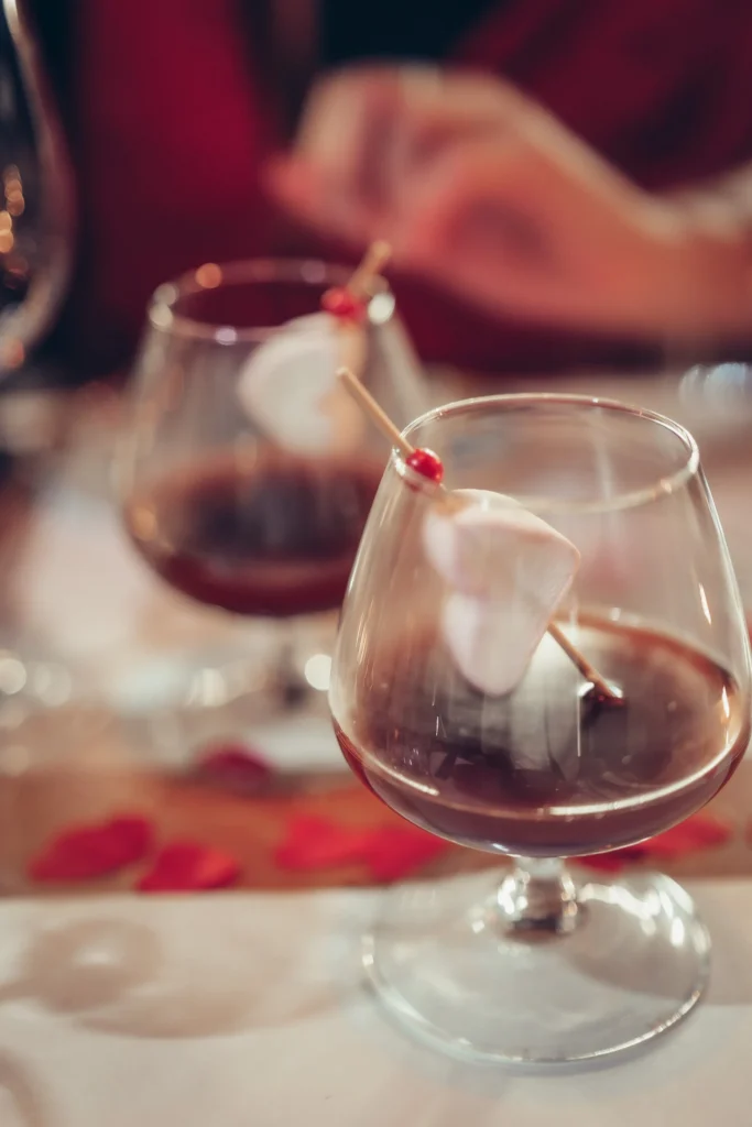 Two glasses of chocolate dessert with marshmallows at Sushi na Gaveta, Tavira, Algarve, Portugal.