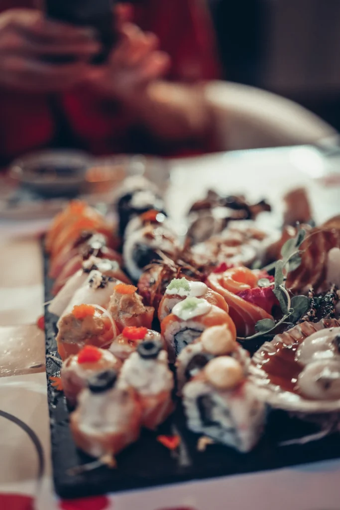 Sushi platter with diverse rolls at Sushi na Gaveta restaurant, Tavira, Algarve, Portugal.