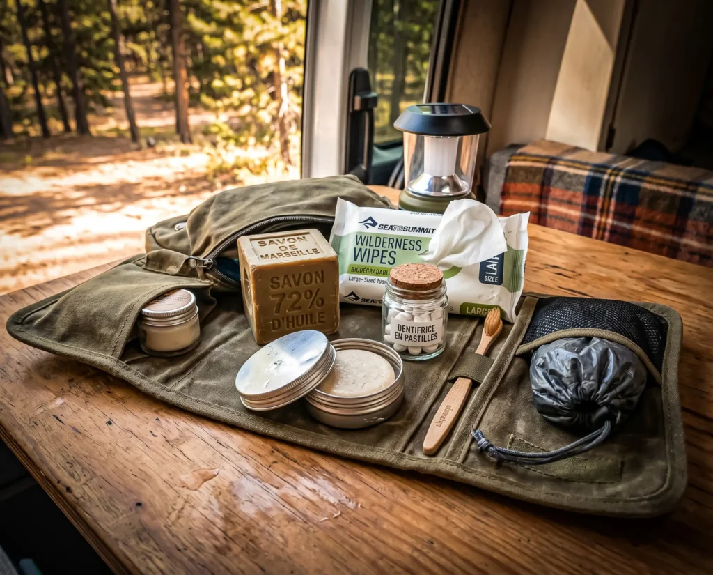 Eco-friendly toiletries on a wooden table in a van, forest in the background.