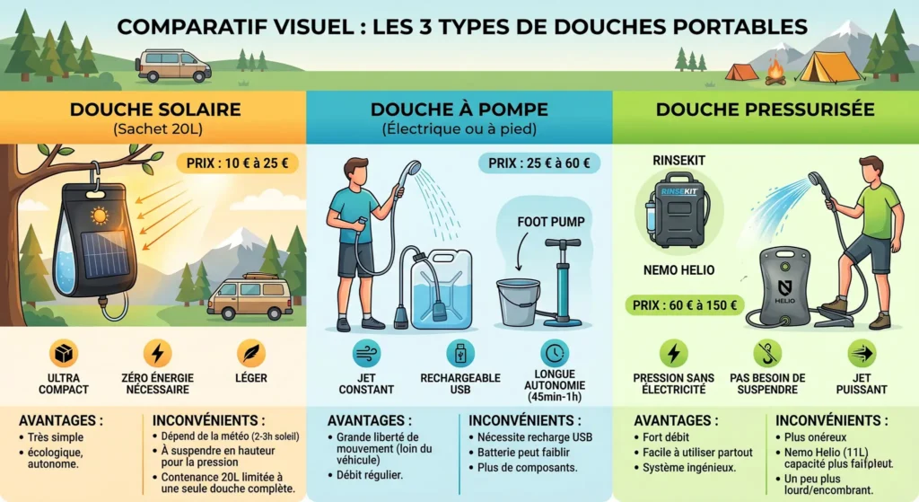Comparison of portable showers: solar, pump, pressurized, with features and benefits for vanlife.