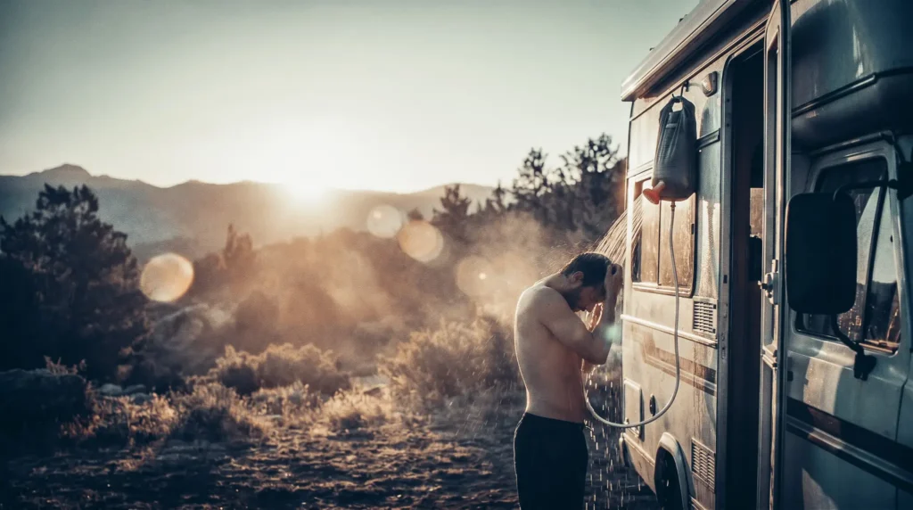 Man taking an outdoor shower next to a van at sunrise in a mountainous landscape.