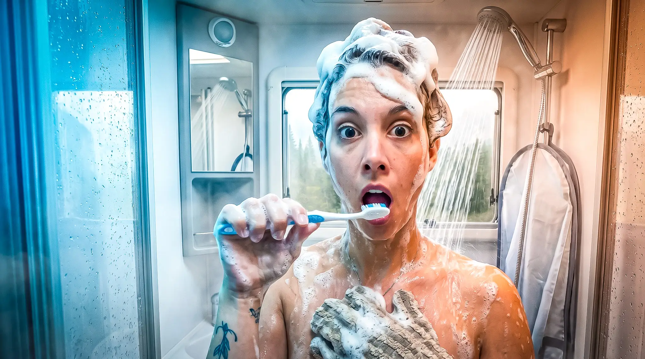 Caroline brushes her teeth in the shower of a converted van, illustrating vanlife living.