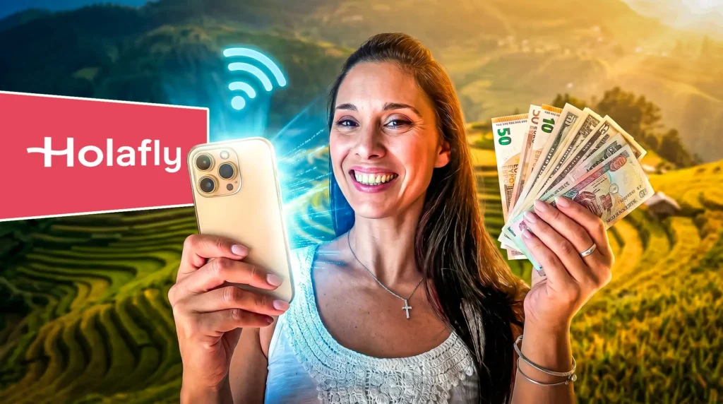 Caro smiling holding a smartphone and cash, Holafly logo, rice terraces in the background