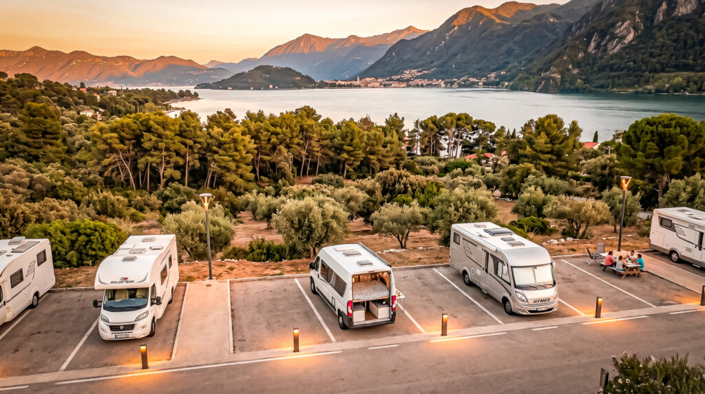 Camper vans parked by Lake Como, mountains in the background, sunset.