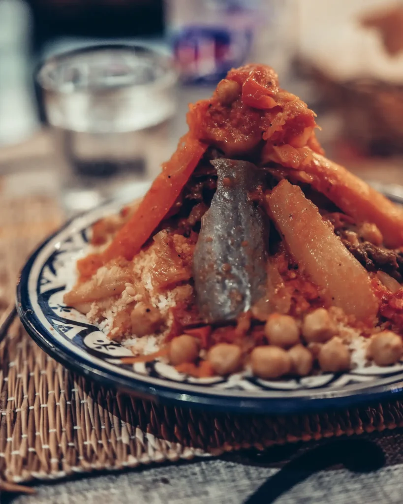 Traditional Moroccan couscous with vegetables in Essaouira, Morocco.