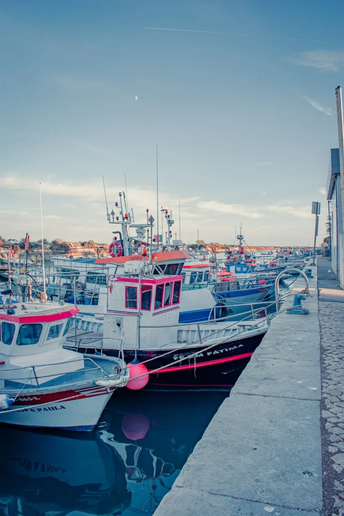 Plusieurs bateaux de pêche sont amarrés dans le port de Fuseta sous un ciel dégagé en Algarve, Portugal, en novembre 2022.
