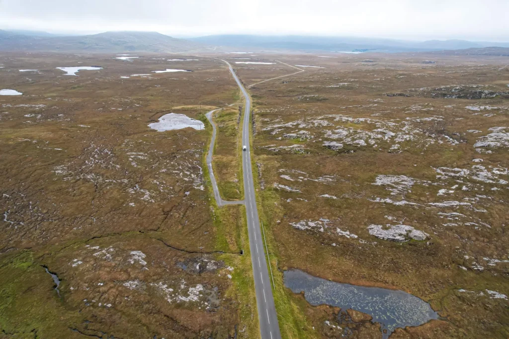 Straight road moors peatlands Isle of Harris