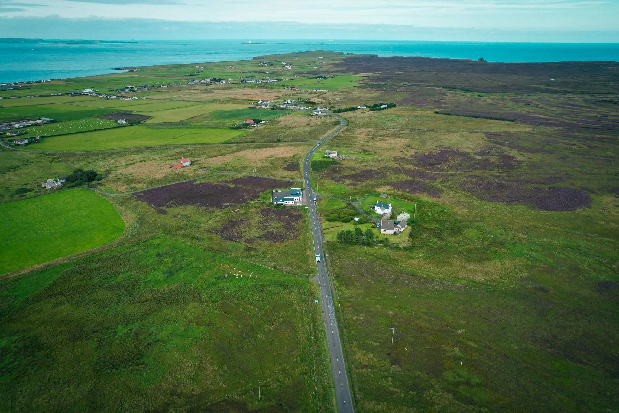 Aerial view of John O'Groats lush land north coast Scotland