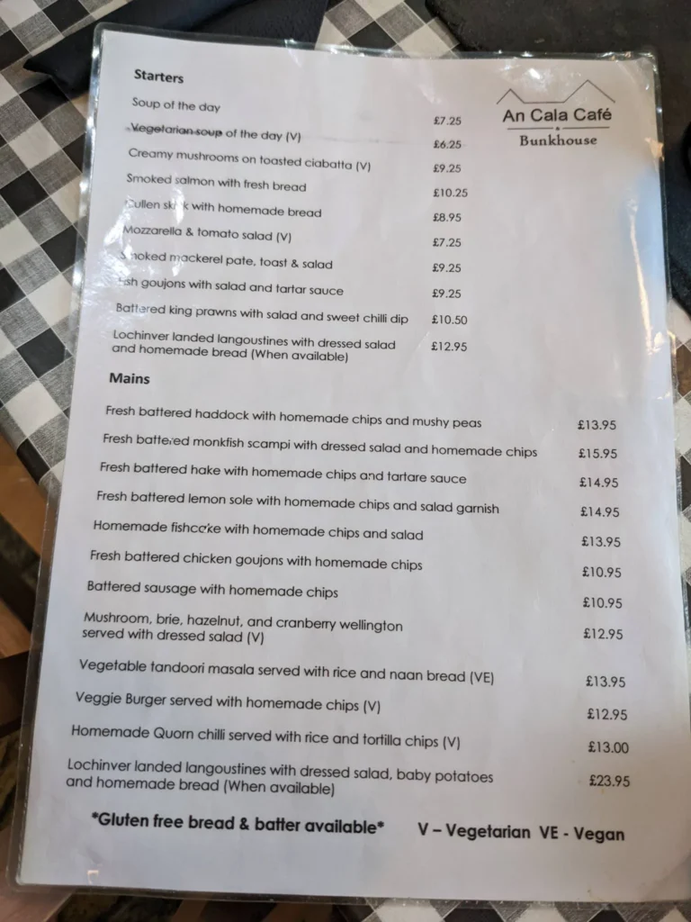 Menu card An Cala Café Lochinver
