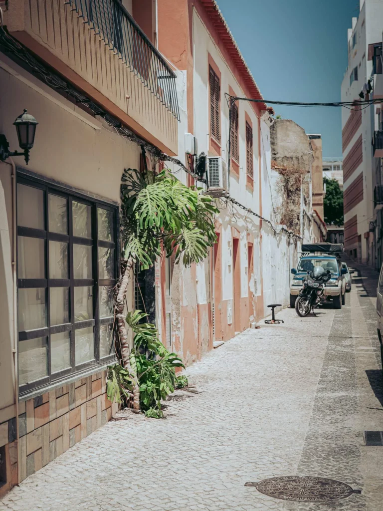 Cobblestone alley lined with old houses featuring colorful facades, typical of the Algarve in Portimao, under a blue and sunny sky.