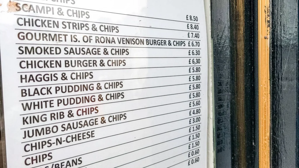Menu fish and chips Scottish specialties Portree
