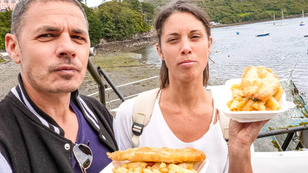 Xavier and Caroline enjoy fish and chips in Portree