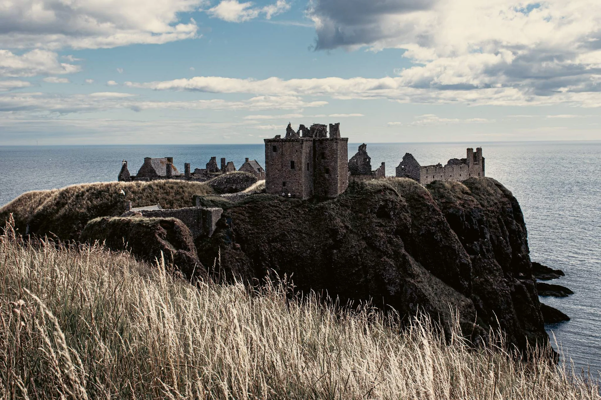 Ruins of Dunnottar Castle perched on a cliff overlooking the North Sea