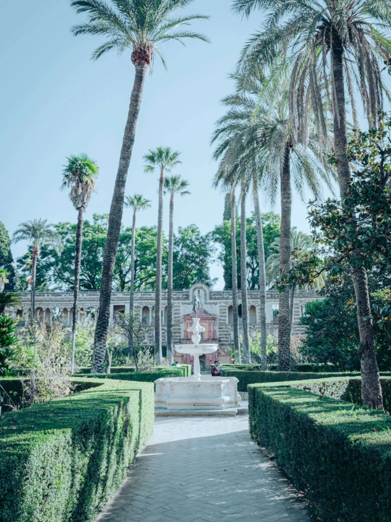 Fontaine en pierre entourée de haies taillées et de palmiers dans les jardins du palais Alcazar à Séville, sous un ciel dégagé en octobre.