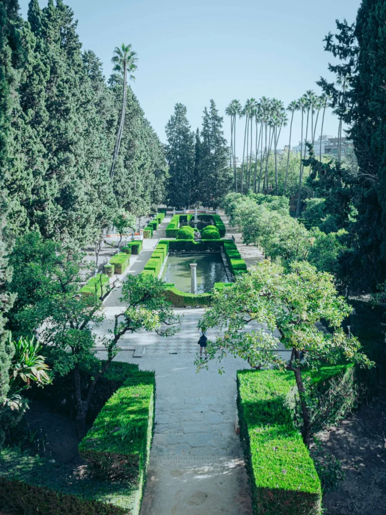 Jardin géométrique du palais Alcazar à Séville, avec allées bordées de haies taillées, bassin central et palmiers sous la lumière d'octobre.