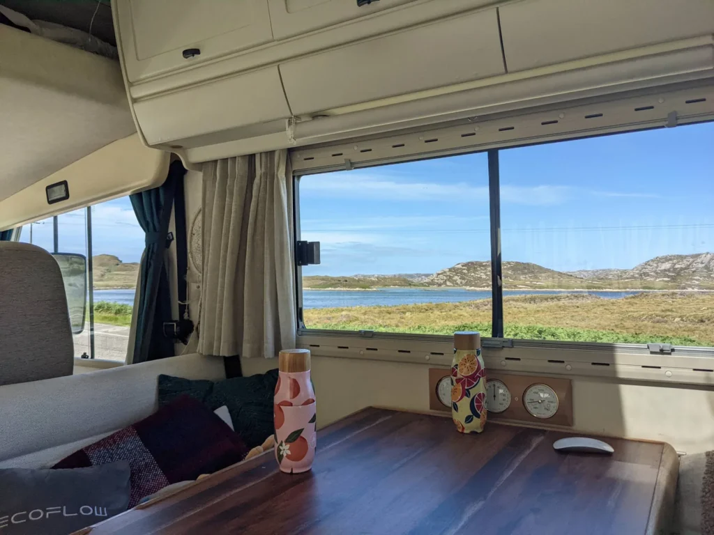 View from inside a converted van Scotland loch hills