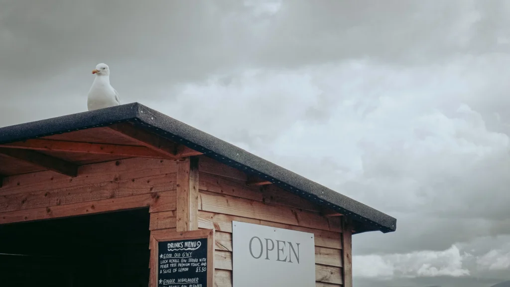 Seagull wooden cabin OPEN sign Ullapool