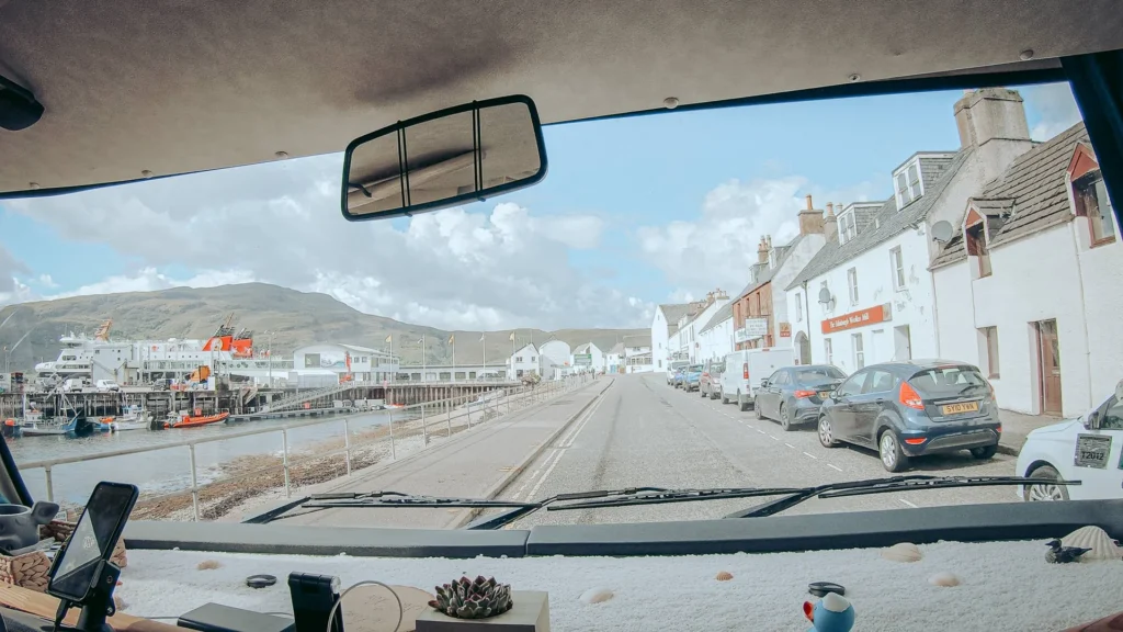 View from the van Ullapool ferry terminal white houses