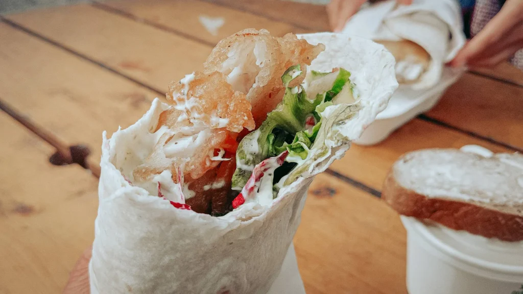Fried fish wrap street food Ullapool Scotland