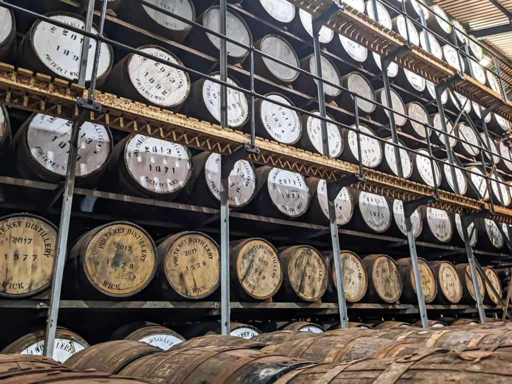 Rows of whisky casks stored in a warehouse at the Old Pulteney distillery in Wick, Scotland, in August.