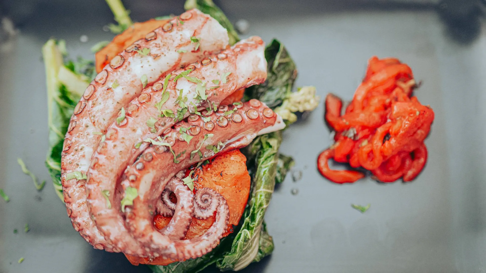 Oven-roasted octopus dish served with sweet potato and a roasted pepper salad, presented on a plate at Case de Pasto restaurant in Tavira, Algarve.