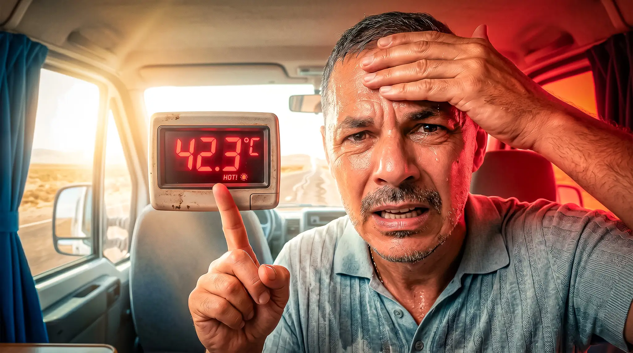 Xavier in a sun-baked van pointing at a thermometer in the heat