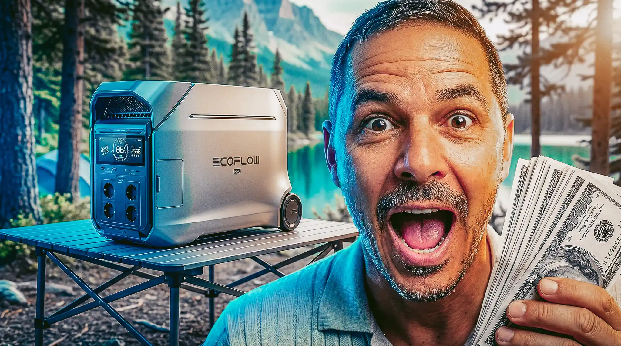 Smiling man with tickets in front of EcoFlow generator, forest and lake in the background, adventure and economy vibe.