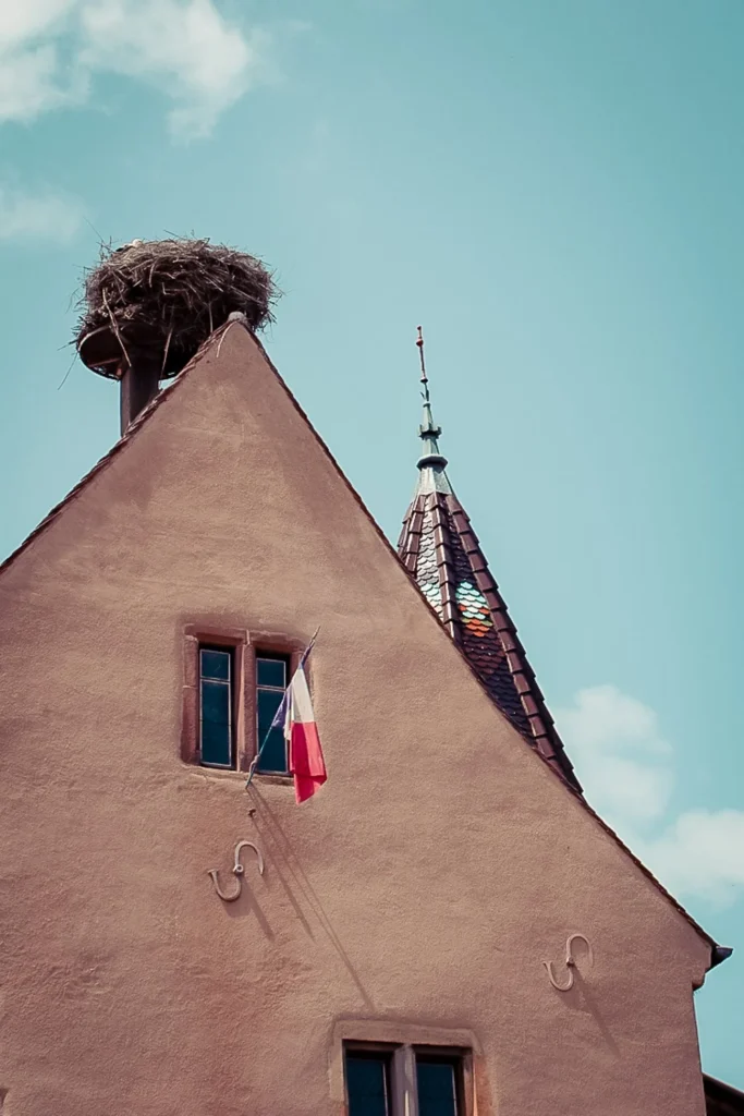 Facade of an Alsatian house in Eguisheim with a stork nest on the roof and a French flag