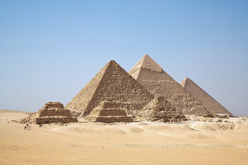 The pyramids of Giza under the sun, near Cairo