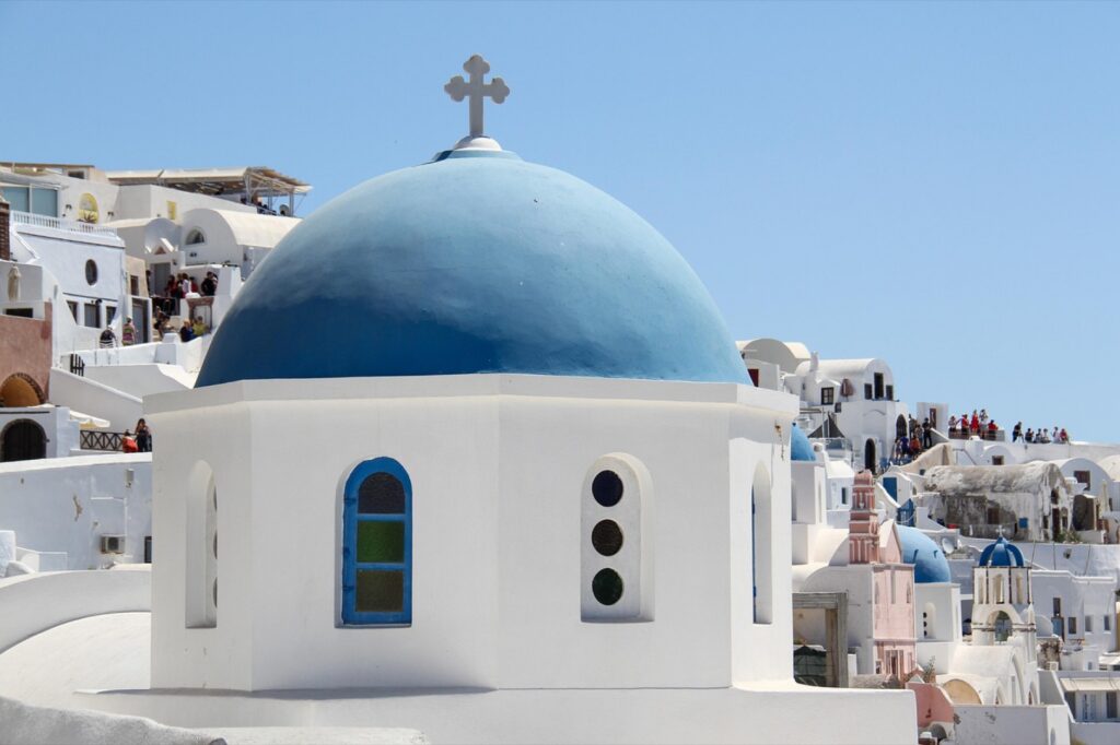 The blue domes and white houses of Oia in Santorini, Cyclades