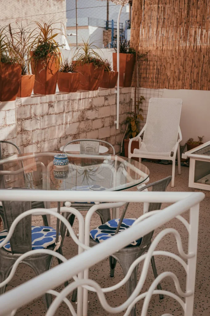 Sunny guesthouse terrace in Fuseta, Algarve