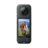 Insta360 X4 front view, 2.5-inch touchscreen showing a 360 selfie