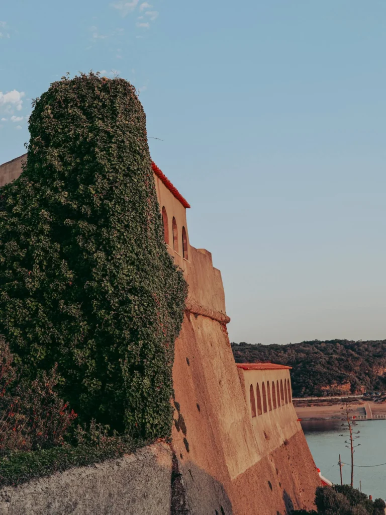 Ramparts of Fort São Clemente overlooking the Mira estuary in Vila Nova de Milfontes, a wall covered in vegetation at the end of a summer day, in Alentejo, Portugal.