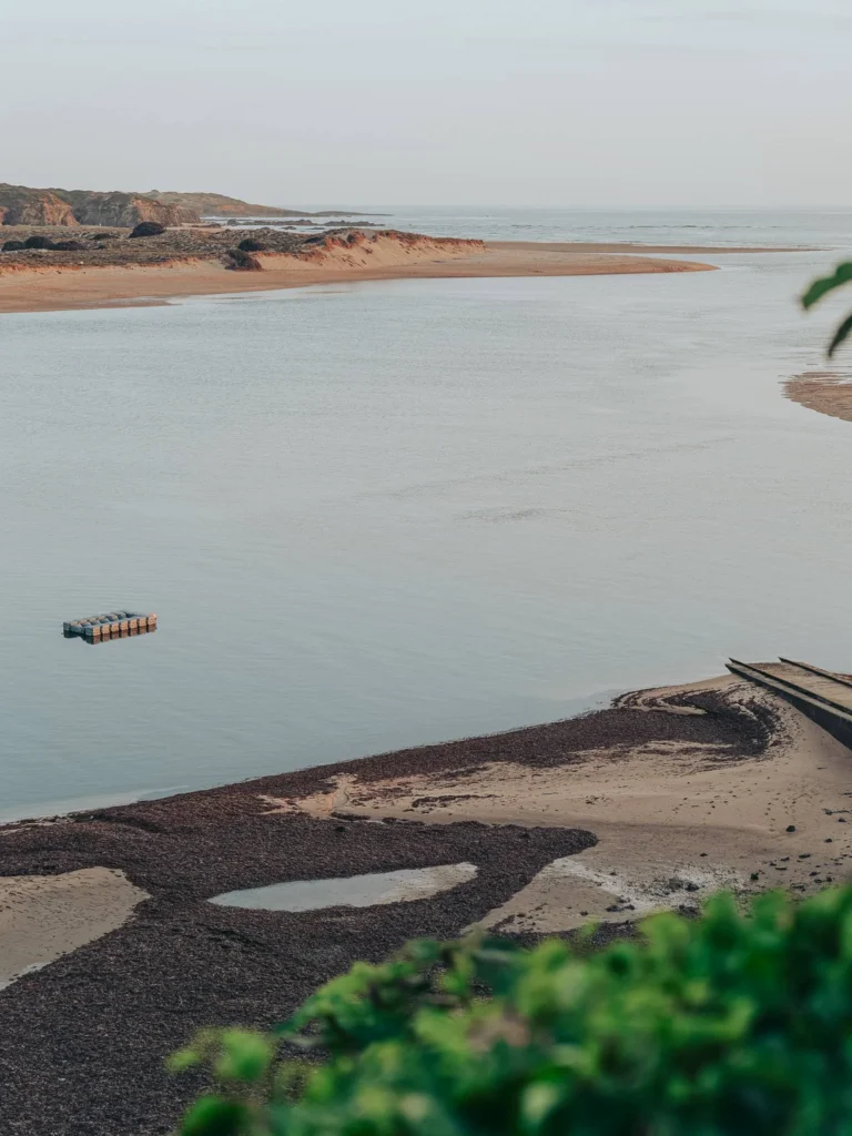 Peaceful landscape of a river mouth in Vila Nova de Milfontes, with sandbanks and a floating platform on the water, at the end of the day.
