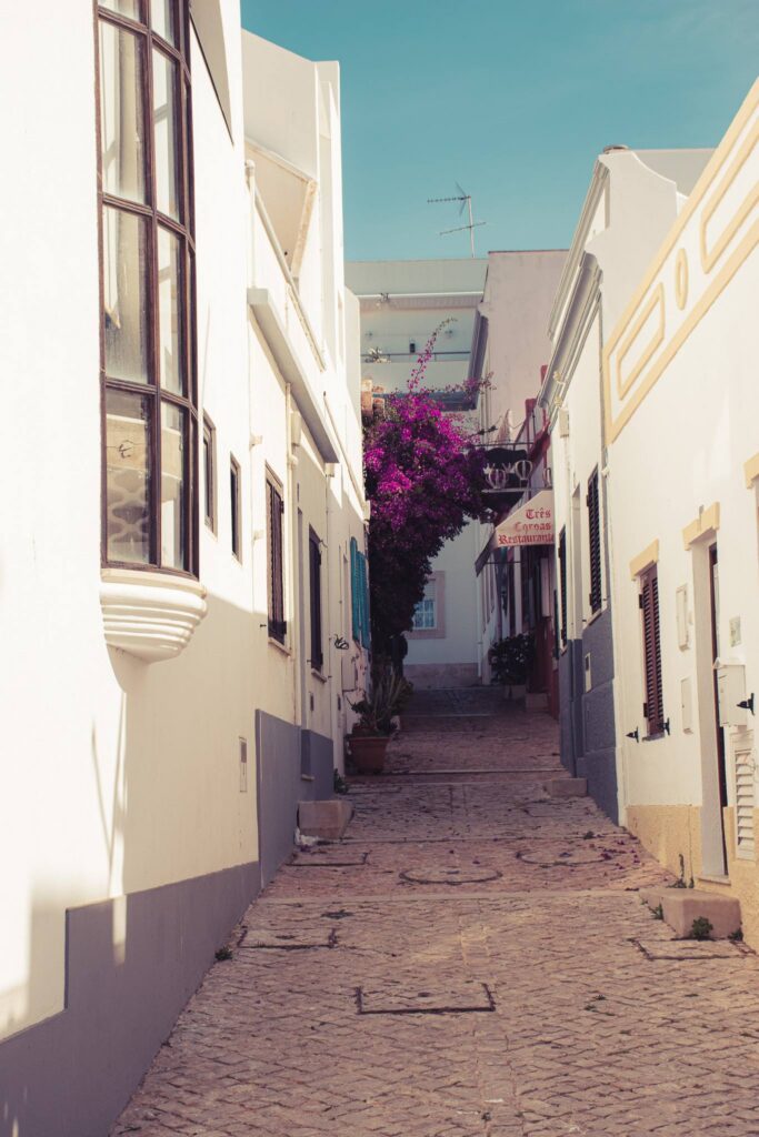 Cobblestone alley in Albufeira lined with bougainvilleas and white houses