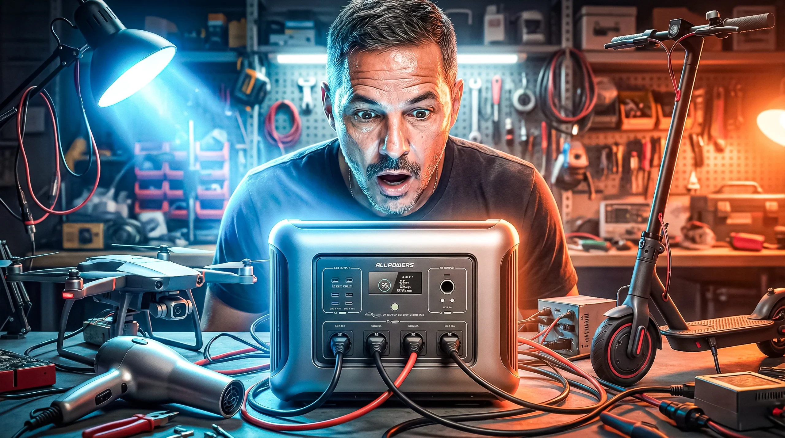 Test and review of the AllPowers R2500 portable power station surrounded by charging devices