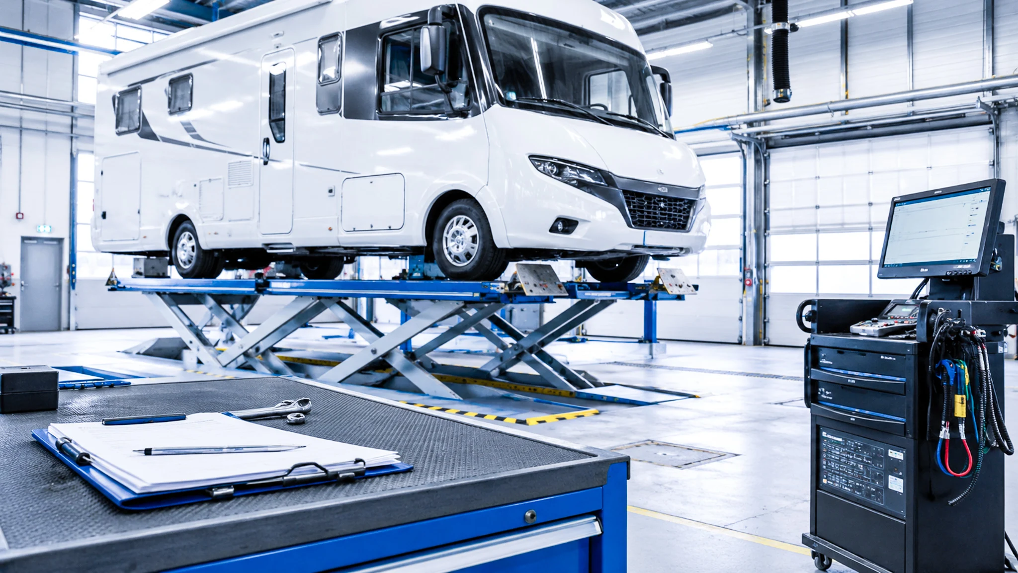 White motorhome on a lift bridge in a modern repair workshop.