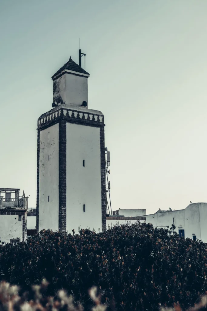 Traditional white tower of Essaouira, Morocco, photographed at the end of the day with bushes in the foreground.