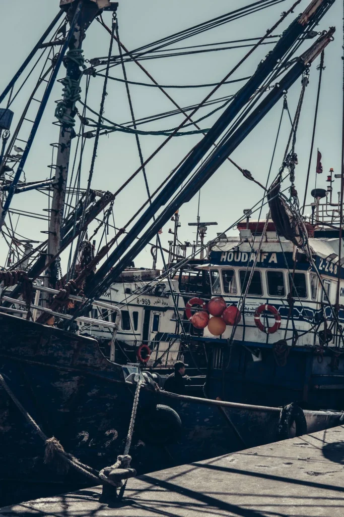 Fishing boats moored in the harbor of Essaouira, ropes and nets visible in the daylight.