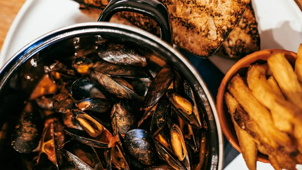 Mussels served with home-made chips and toasted bread at the Allan Park Hotel restaurant in Stirling.