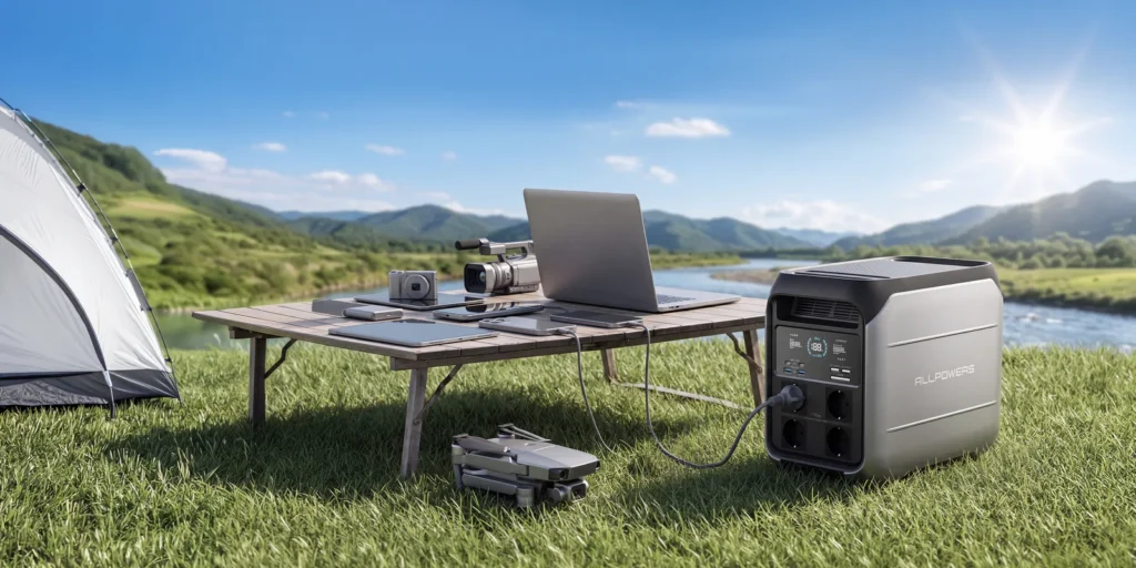 ALLPOWERS P1800 camping by a river, powering a laptop, a camera, and a drone placed on a camping table