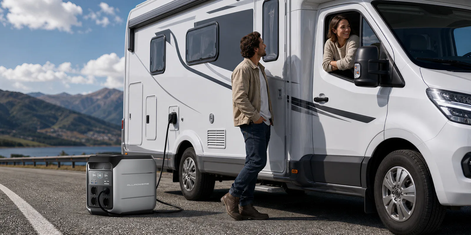 ALLPOWERS P1800 placed on the ground and plugged in next to a white camper van parked by a mountain lake