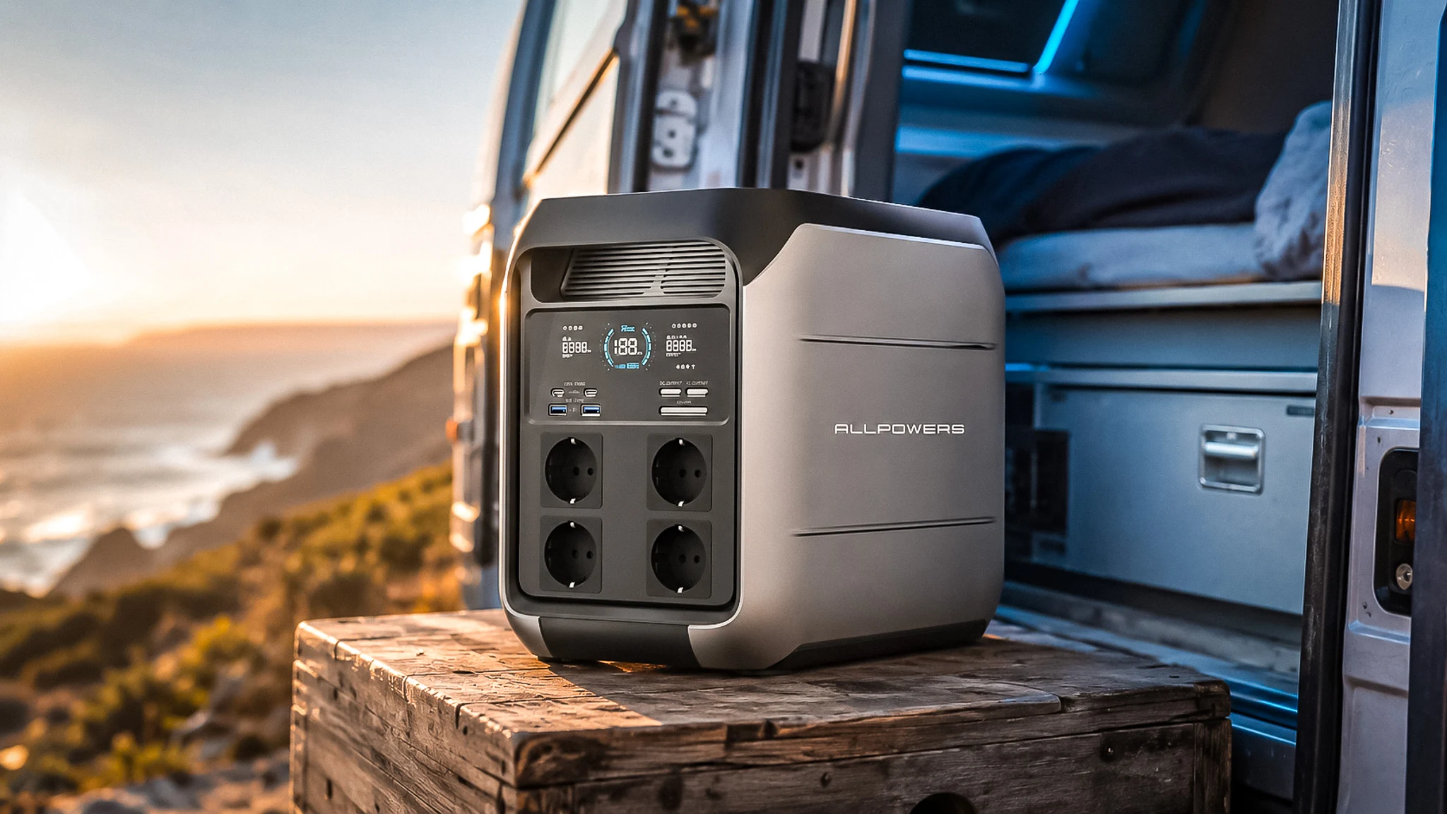 ALLPOWERS P1800 portable power station placed on a wooden crate at the open side door of a converted van, facing a coastline at sunset