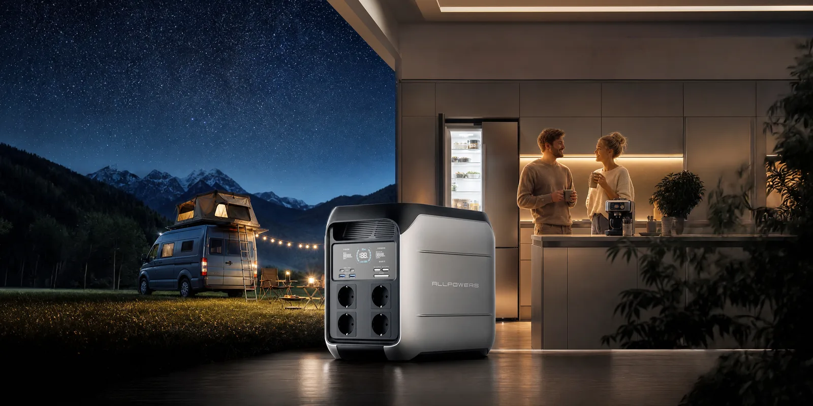 ALLPOWERS P1800 power station placed between a converted van under the stars and a well-lit home kitchen