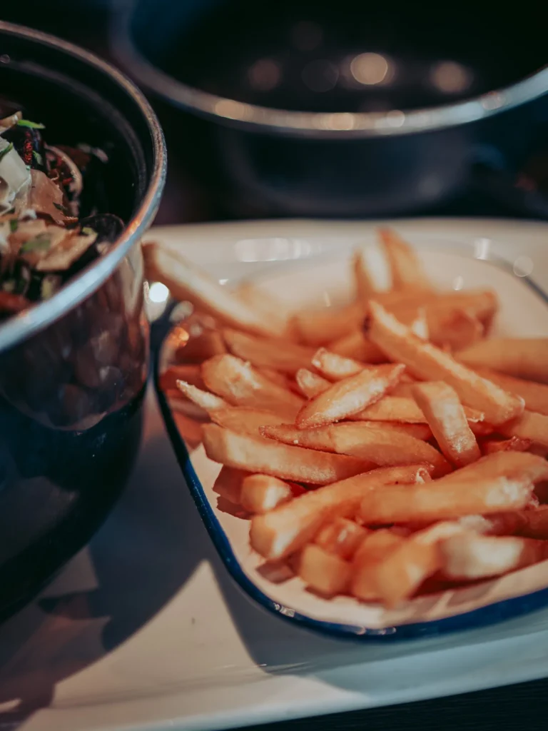 Plate of skinny fries accompanying the mussels from the Isle of Mull, at the Ben Nevis Bar in Fort William.