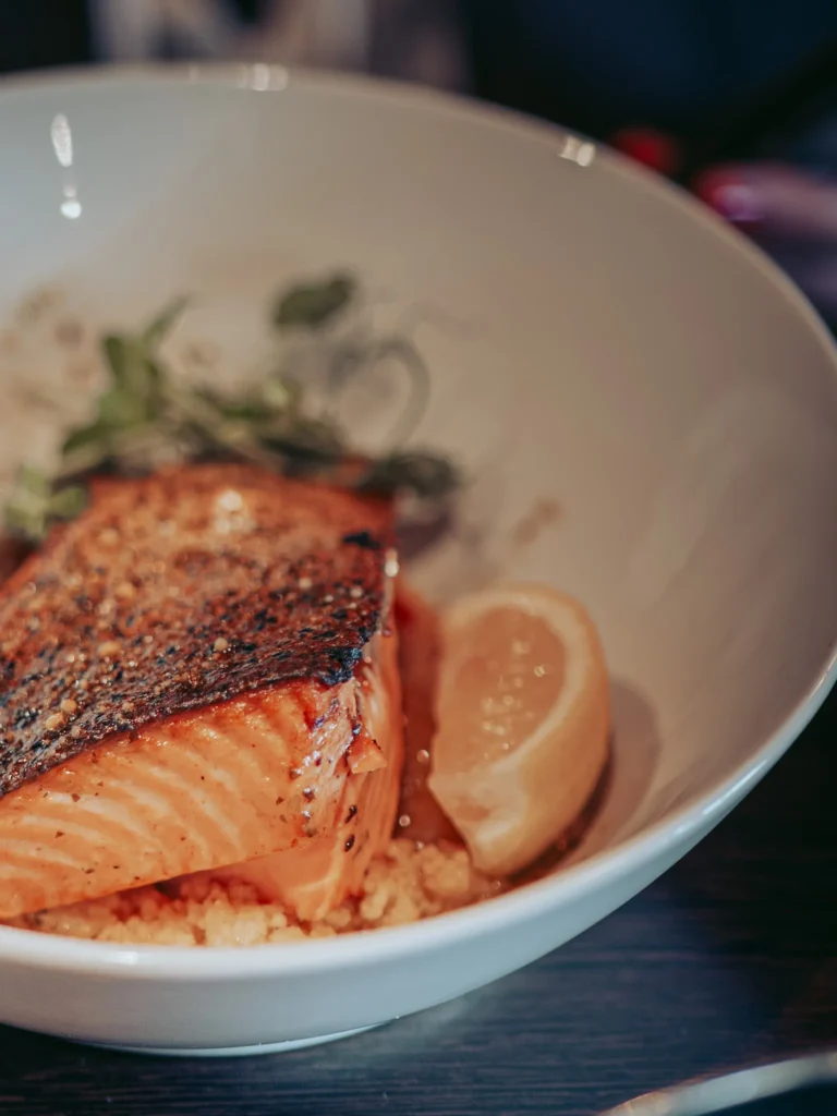 Scottish salmon fillet baked with lemon and fresh herbs at the Ben Nevis Bar in Fort William.