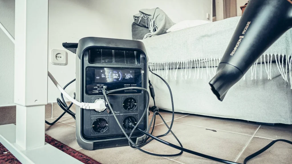Charging test on September 15, 2026: the ALLPOWERS P1800 electric station placed on the ground, cables plugged into its power outlets, USB ports, and cigarette lighter socket, with a hairdryer in operation and the control screen on. The hairdryer, set to medium power (around 600 W), was added to the MacBook Pro and Caroline's screen (just under 50 W) and USB devices (15 W); the total output slightly exceeded 1,000 W for about a minute, without incident.