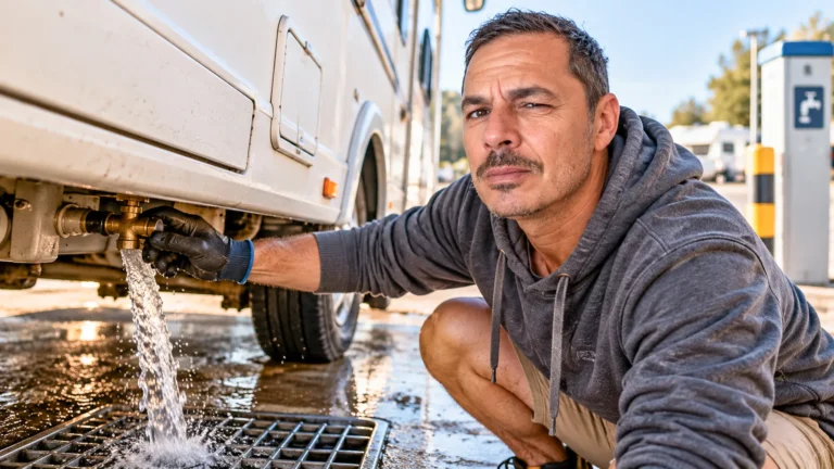 Xavier accovacciato apre con la mano guantata il rubinetto delle acque grigie sotto il telaio del camper, l'acqua scorre nella griglia di scarico dell'area di servizio