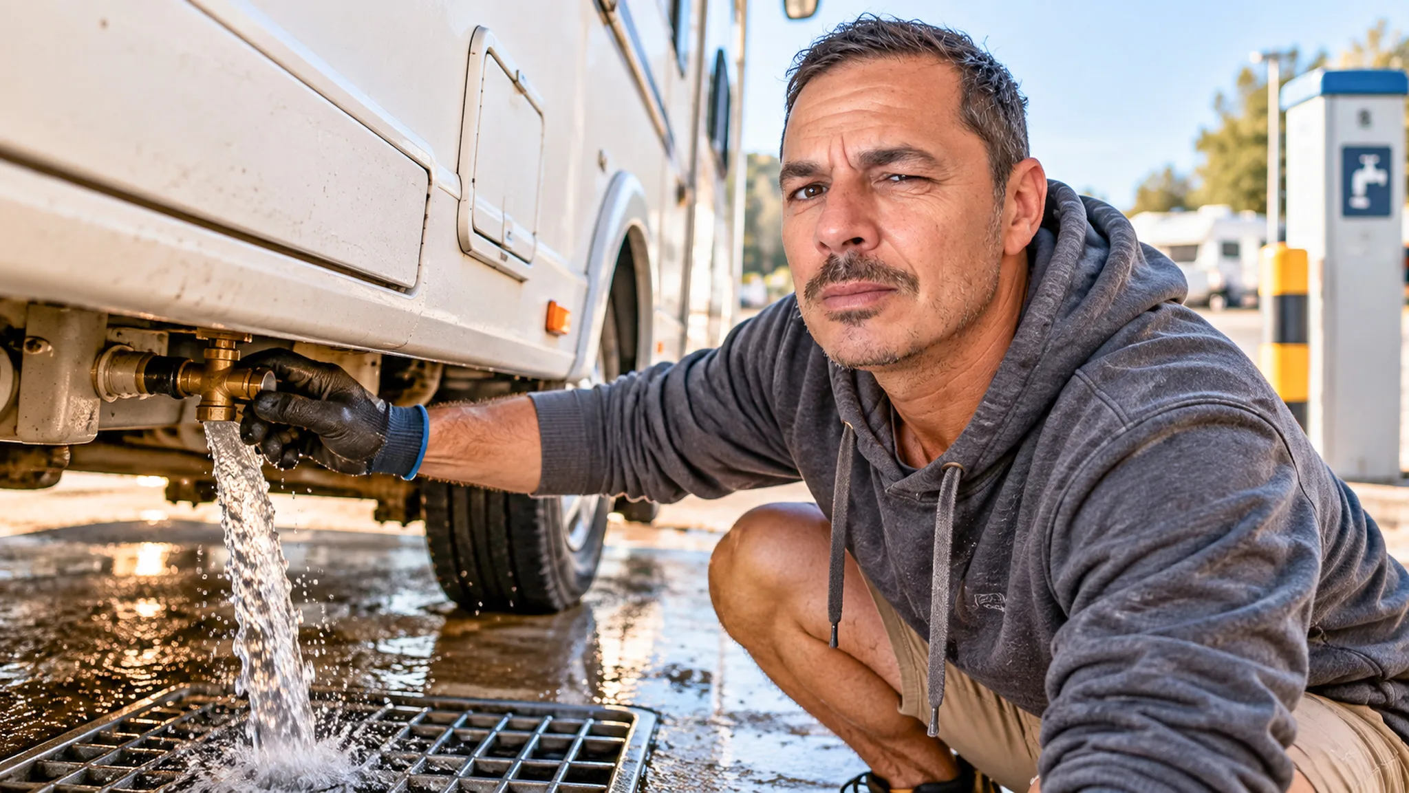 Xavier accovacciato apre con la mano guantata il rubinetto delle acque grigie sotto il telaio del camper, l'acqua scorre nella griglia di scarico dell'area di servizio
